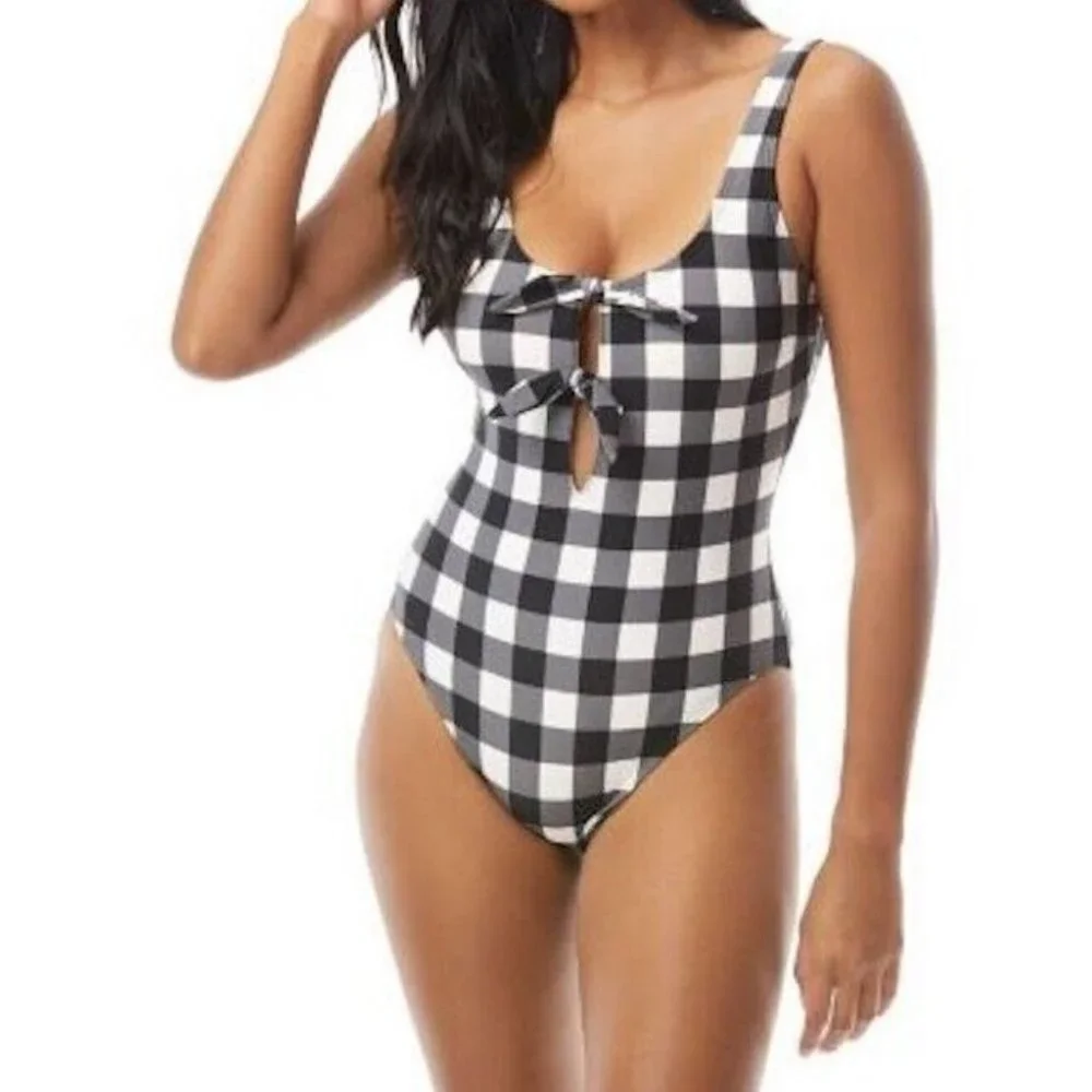 Kate Spade Bunny Tie Gingham One Piece Swimsuit Black White NEW X-Small XS